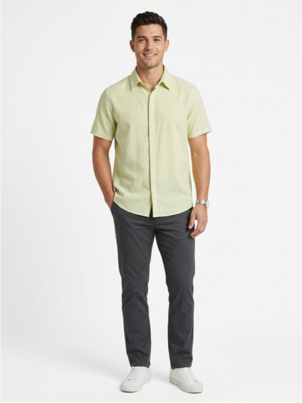 Ouku Cotton Linen Short Sleeve Button Up Shirt Large LG Light Green Vacation 986
